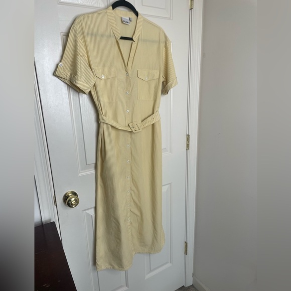 ICHI Yellow Striped Belted Shirt Dress Button Down Midi Short Sleeve Pockets - Picture 2 of 14